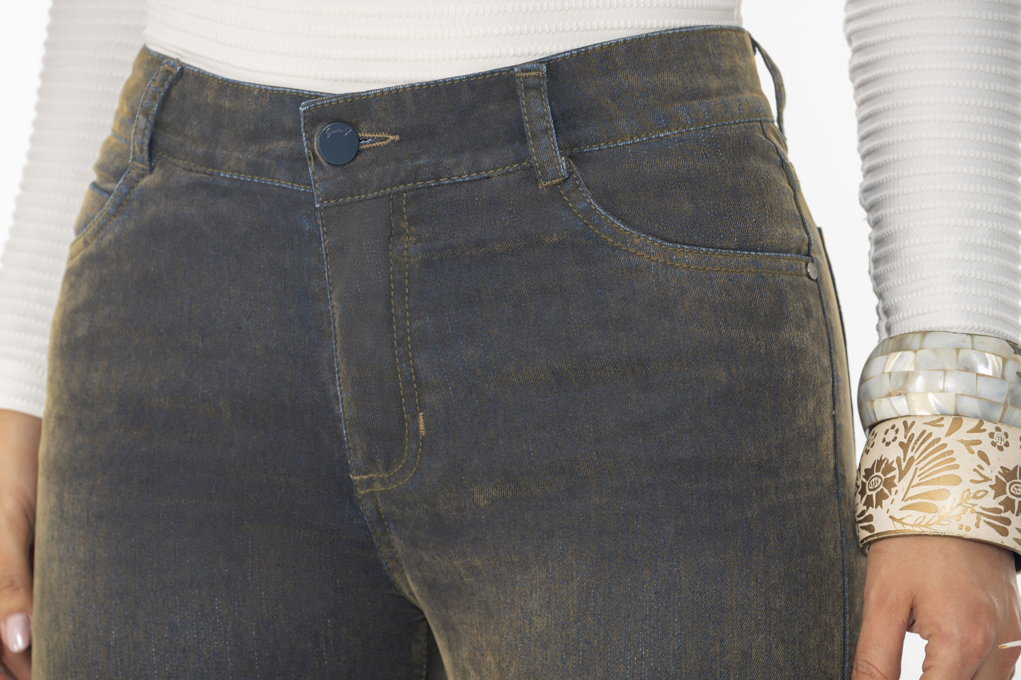 Pantalón Tiro Alto 1 Botón - Bota Palazzo - Tela Gamuzada Denim Ref 1813
