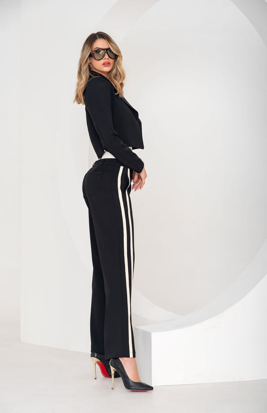 Pantalón Tiro Alto 1 Botón - Bota Palazzo  - Negro Con Rayas Ref R-031